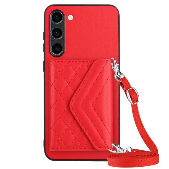 Custodia per telefono RFID con texture rombica per Samsung Galaxy S23+ 5G con cordino lungo (rosso)