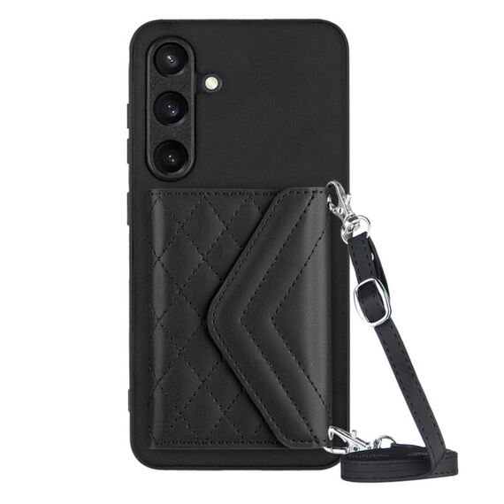 Custodia per telefono RFID con texture rombica per Samsung Galaxy S24 5G con cordino lungo (nero)
