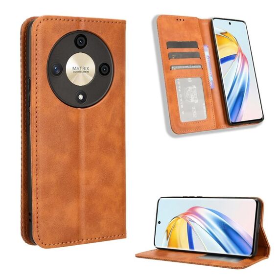 Custodia per telefono in pelle con texture retrò con fibbia magnetica per Honor X9b 5G (marrone)
