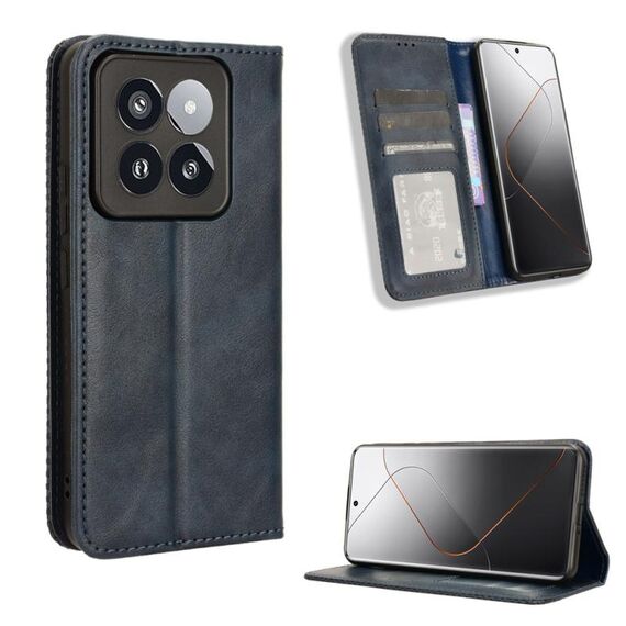 Custodia per telefono in pelle con texture retrò con fibbia magnetica per Xiaomi 14 Pro (blu)