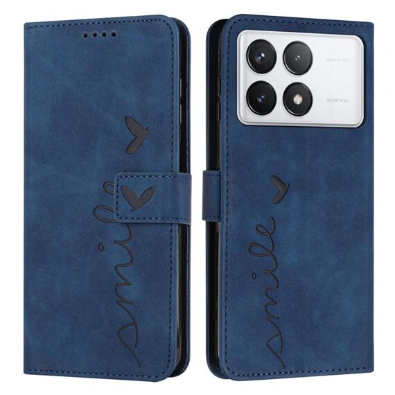 Per Xiaomi Redmi K70E Custodia per telefono in pelle con stampa a cuore Skin Feel con cordino lungo (blu)