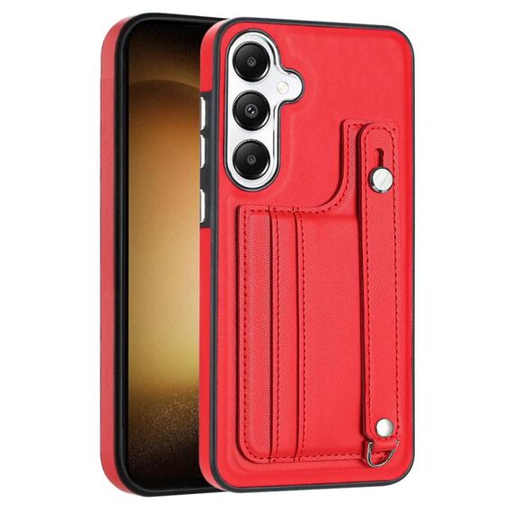 Custodia per telefono in pelle antiurto per Samsung Galaxy S24 5G con cinturino da polso (rosso)