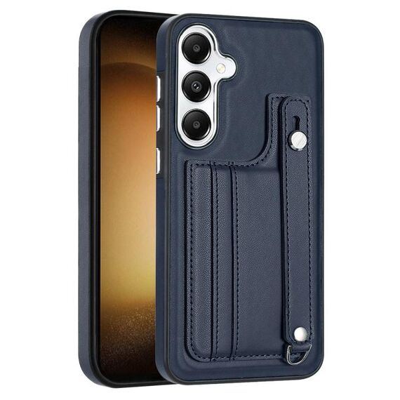 Custodia per telefono in pelle antiurto per Samsung Galaxy S24+ 5G con cinturino da polso (blu)