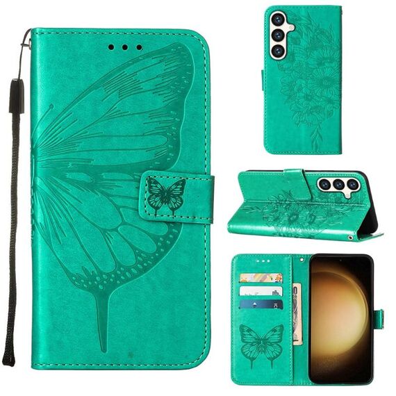 Custodia per telefono in pelle con farfalla in rilievo per Samsung Galaxy S24 5G (verde)