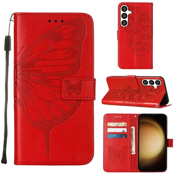 Custodia per telefono in pelle con farfalla goffrata per Samsung Galaxy S24 5G (rossa)