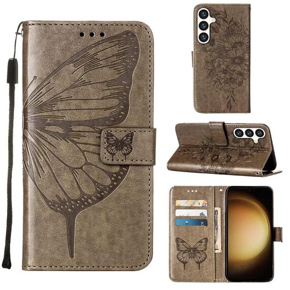 Custodia per telefono in pelle con farfalla goffrata per Samsung Galaxy S24+ 5G (grigio)
