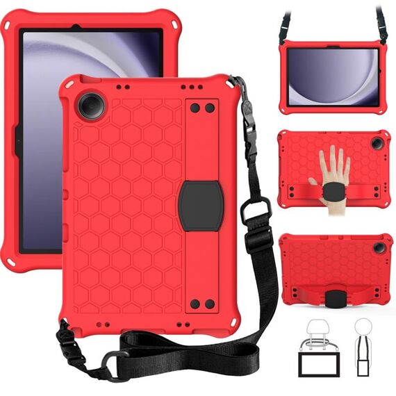 Per Samsung Galaxy Tab A9+ 11 X216B Custodia per tablet PC ibrida EVA a nido d'ape con cinturino (rosso + nero)
