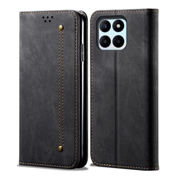Custodia per telefono in pelle flip con texture denim globale per Honor X8b 4G (nera)