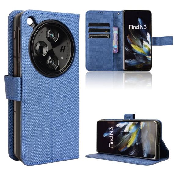 Per OPPO Find N3 / OnePlus Custodia per telefono in pelle con texture a diamante aperta (blu)