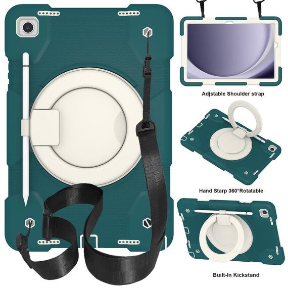 Per Samsung Galaxy Tab A9+ 11 2023 Custodia tablet PC ibrida in silicone con tracolla (verde nerastro)