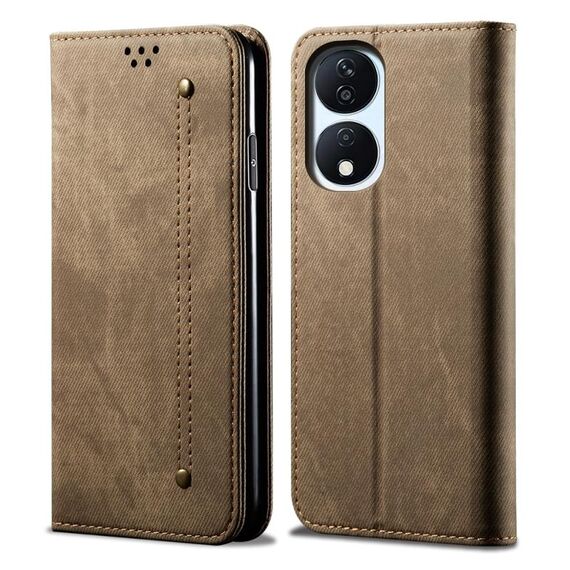Custodia per telefono in pelle flip con texture denim per Honor Play 8T 5G / X7b (cachi)