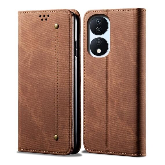 Custodia per cellulare in pelle flip con texture denim per Honor Play 8T 5G / X7b (marrone)