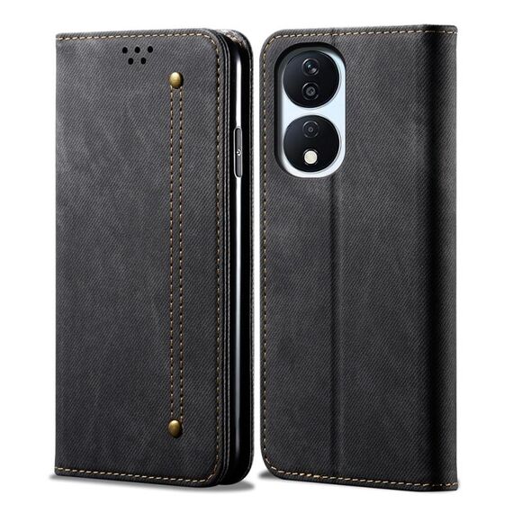 Custodia per cellulare in pelle flip con texture denim per Honor Play 8T 5G / X7b (nera)