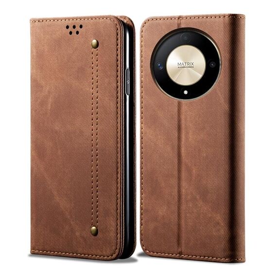 Custodia per telefono in pelle flip con texture denim per Honor Magic6 Lite / X9b 5G (marrone)