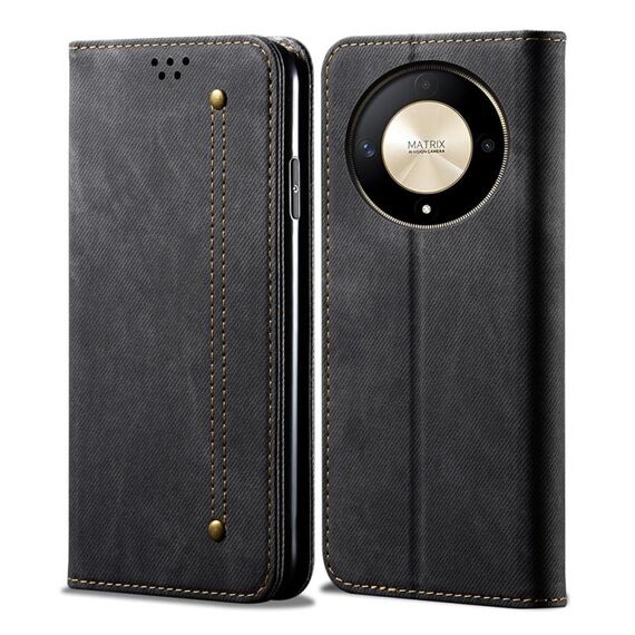 Custodia per telefono in pelle flip con texture denim per Honor Magic6 Lite / X9b 5G (nera)