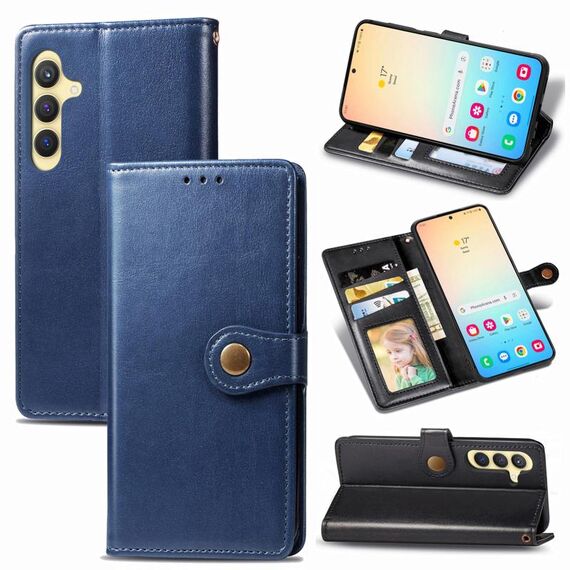 Per Samsung Galaxy S24 5G Custodia per telefono in pelle con fibbia in tinta unita retrò (blu)