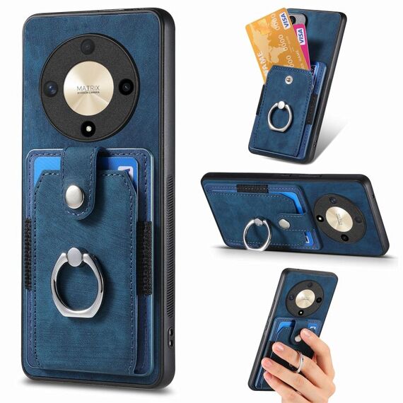 Custodia per telefono a portafoglio con carta ad anello retrò per Honor X9b (blu)
