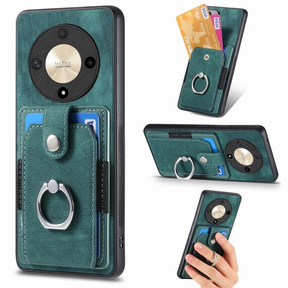 Custodia per telefono a portafoglio con carta ad anello retrò per Honor X9b (verde)