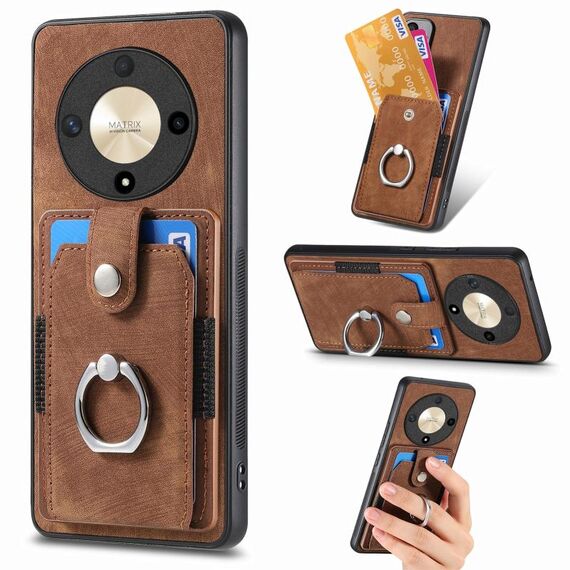 Custodia per telefono a portafoglio con carta ad anello retrò per Honor X9b (marrone)