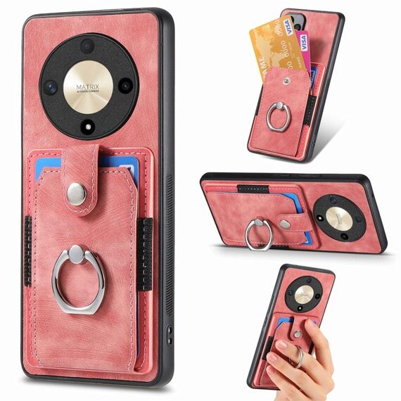 Custodia per telefono a portafoglio con carta ad anello retrò per Honor X9b (rosa)