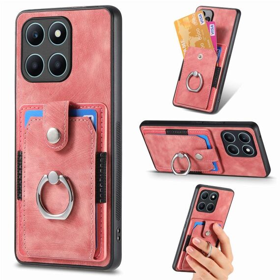 Custodia per telefono a portafoglio con carta ad anello retrò per Honor X6a (rosa)