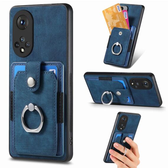 Custodia per telefono a portafoglio con carta ad anello retrò per Honor X50 (blu)