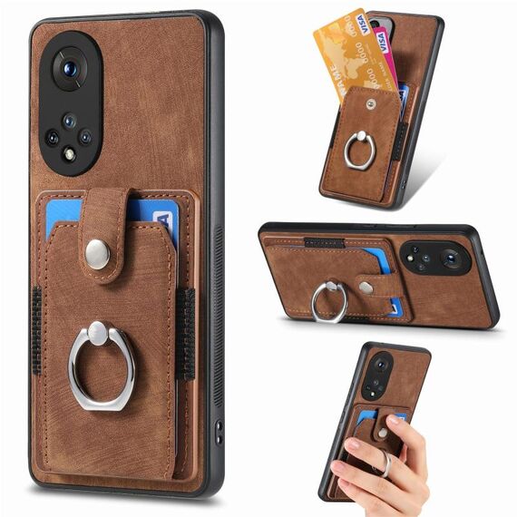 Custodia per telefono a portafoglio con carta ad anello retrò per Honor X50 (marrone)