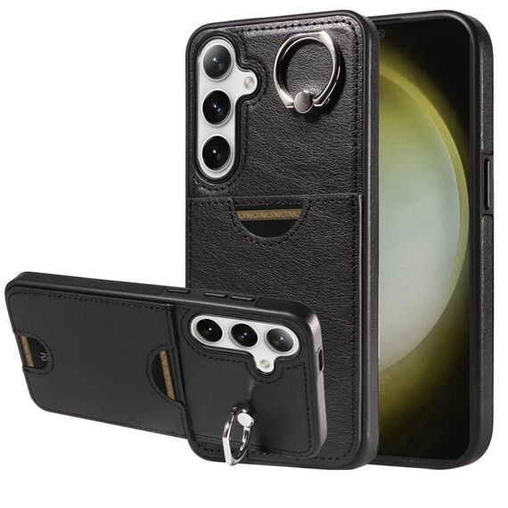 Per Samsung Galaxy S24+ 5G Custodia per telefono con anello per slot per schede in vitello (nero)