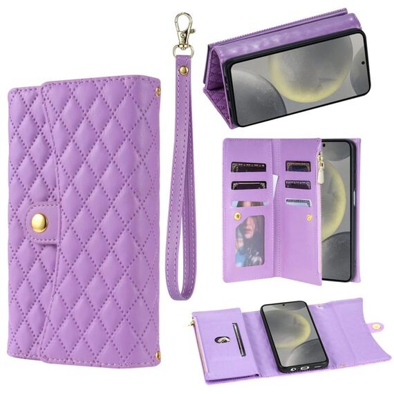 Custodia per telefono in pelle rombica con portafoglio multi-scheda con cerniera per Samsung Galaxy S22+ 5G (viola)
