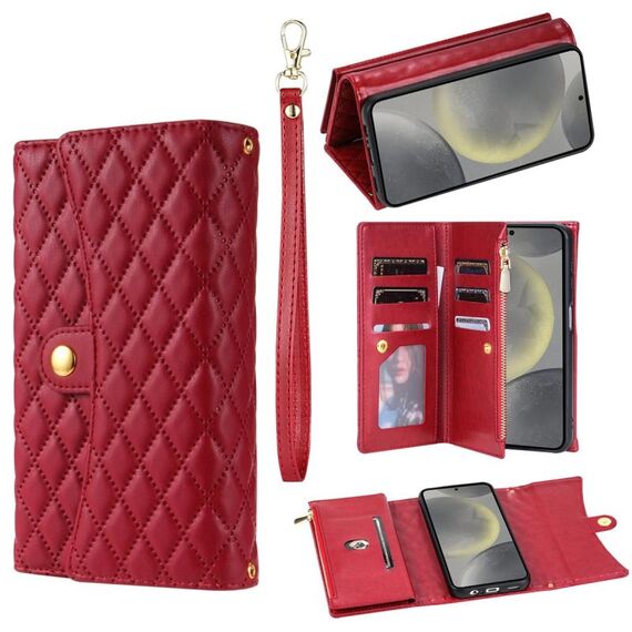 Custodia per telefono in pelle rombica con cerniera multi-card per Samsung Galaxy S22+ 5G (rossa)