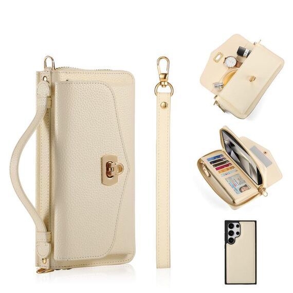 Per Samsung Galaxy S24 Ultra 5G Custodia a tracolla multifunzionale con cerniera Portafoglio in pelle Litchi (Beige)