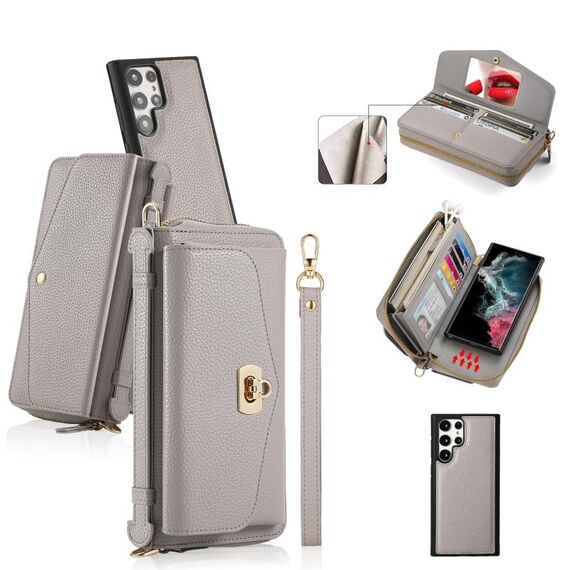 Per Samsung Galaxy S22 Ultra 5G Custodia a tracolla multifunzionale con cerniera Portafoglio in pelle Litchi (Grigio)