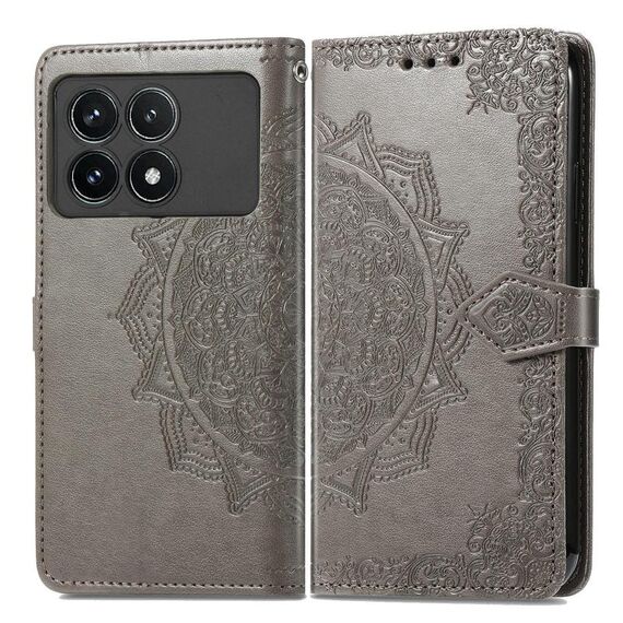 Custodia per telefono in pelle goffrata con fiori mandala per Xiaomi Redmi K70 Pro (grigio)