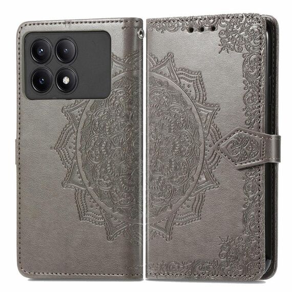 Per Xiaomi Redmi K70E Custodia per telefono in pelle con motivo floreale mandala in rilievo (grigio)