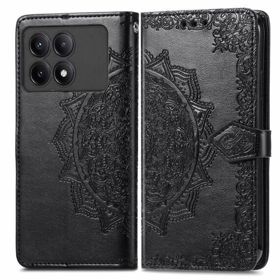Per Xiaomi Redmi K70E Custodia per cellulare in pelle con fiori mandala in rilievo (nera)