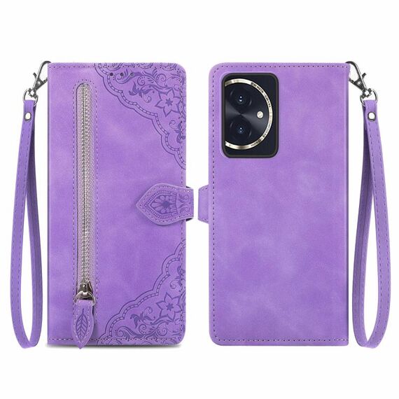 Custodia per telefono in pelle con cerniera fiore goffrato per Honor 100 (viola)