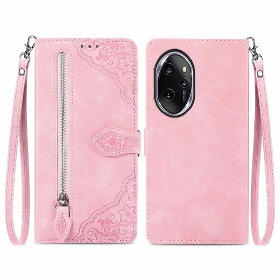Custodia per telefono in pelle con cerniera fiore goffrato per Honor 100 Pro (rosa)
