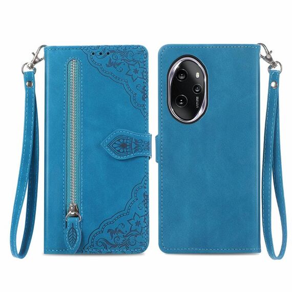 Custodia per telefono in pelle con cerniera fiore goffrato per Honor 100 Pro (blu)