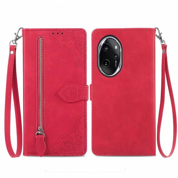 Custodia per telefono in pelle con cerniera fiore goffrato per Honor 100 Pro (rossa)