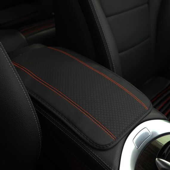 Copri bracciolo centrale per auto, tappetino in fibra di pelle, doppia linea, in rilievo, per bracciolo, 32 x 19 cm (nero arancione)