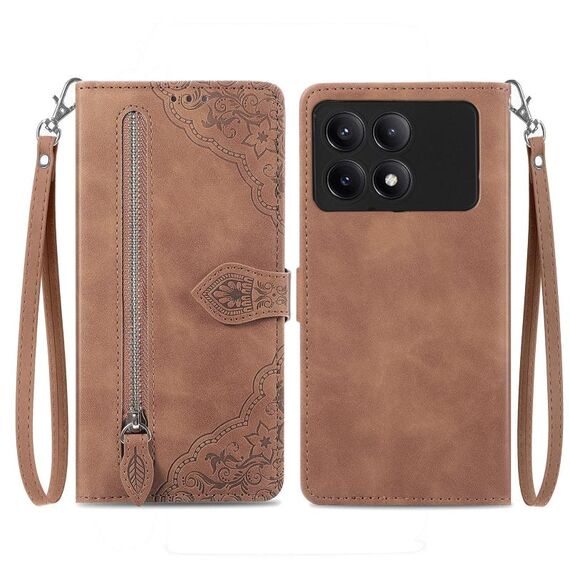 Custodia per telefono in pelle con cerniera fiore goffrato per Xiaomi Redmi K70E (marrone)