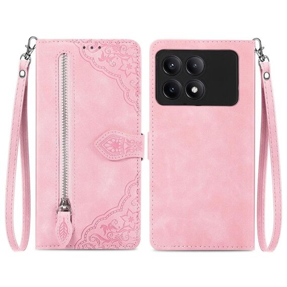Custodia per telefono in pelle con cerniera fiore goffrato per Xiaomi Redmi K70E (rosa)