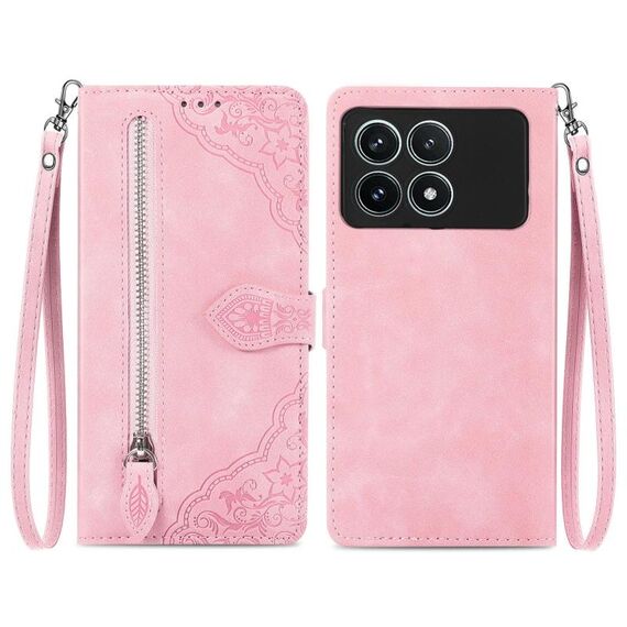 Custodia per telefono in pelle con cerniera fiore goffrato per Xiaomi Redmi K70 Pro (rosa)
