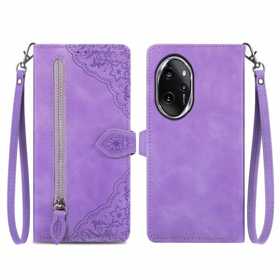 Custodia per telefono in pelle con cerniera fiore in rilievo per Honor 100 Pro (viola)