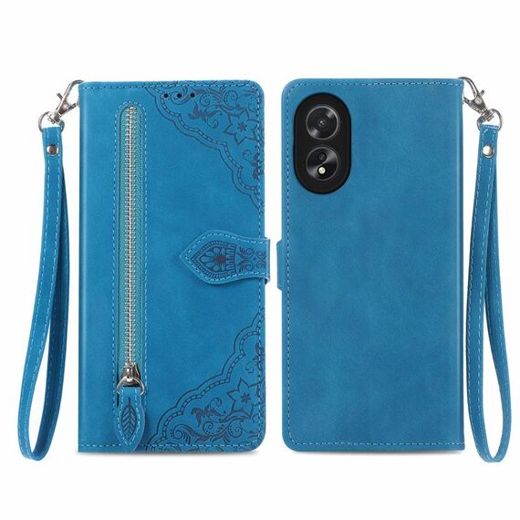 Custodia per telefono in pelle con cerniera fiore goffrato per Honor X5 Plus (blu)