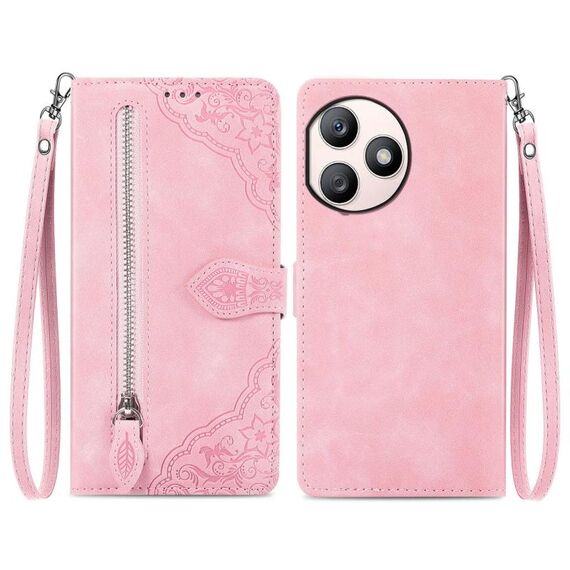 Custodia per telefono in pelle con cerniera fiore goffrato per Honor X50i+ (rosa)