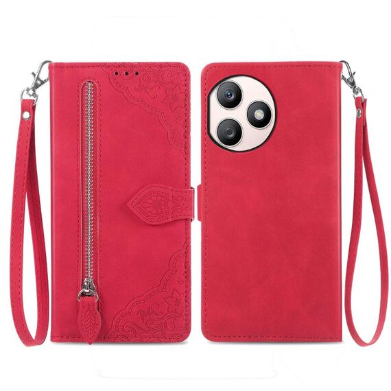 Custodia per telefono in pelle con cerniera fiore goffrato per Honor X50i+ (rossa)