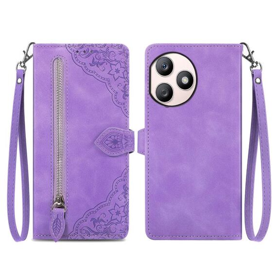 Custodia per telefono in pelle con cerniera fiore in rilievo per Honor X50i+ (viola)