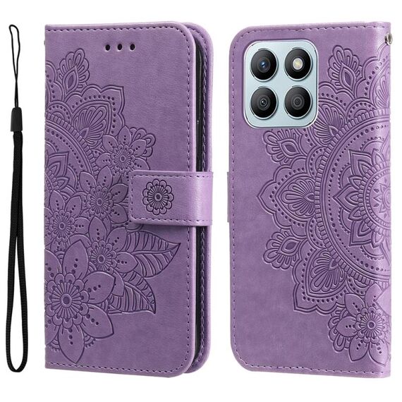 Custodia per cellulare in pelle con stampa a fiori a 7 petali per Honor X8b (viola chiaro)