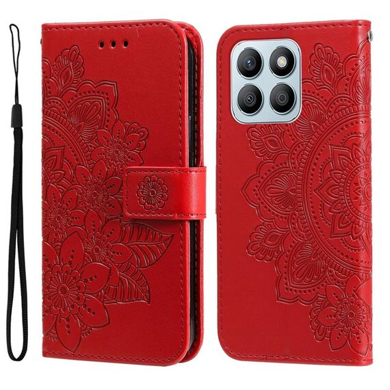 Custodia per cellulare in pelle con stampa a fiori a 7 petali per Honor X8b (rossa)